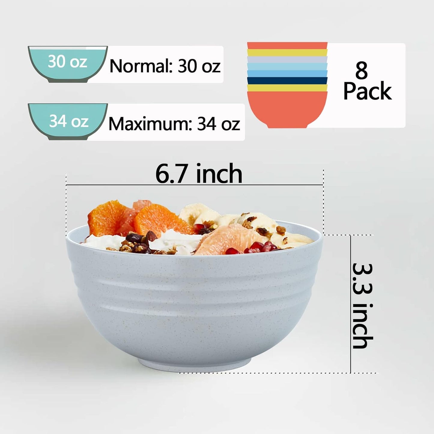 34 Oz Large Soup Bowls, 8 Pieces Deep Cereal Bowls, Unbreakable Color Kitchen Bowl for Oatmeal, Ramen, Dessert, Snack, Light Weight Bpa-Free Microwave Dishwasher Safe Bowls Set
