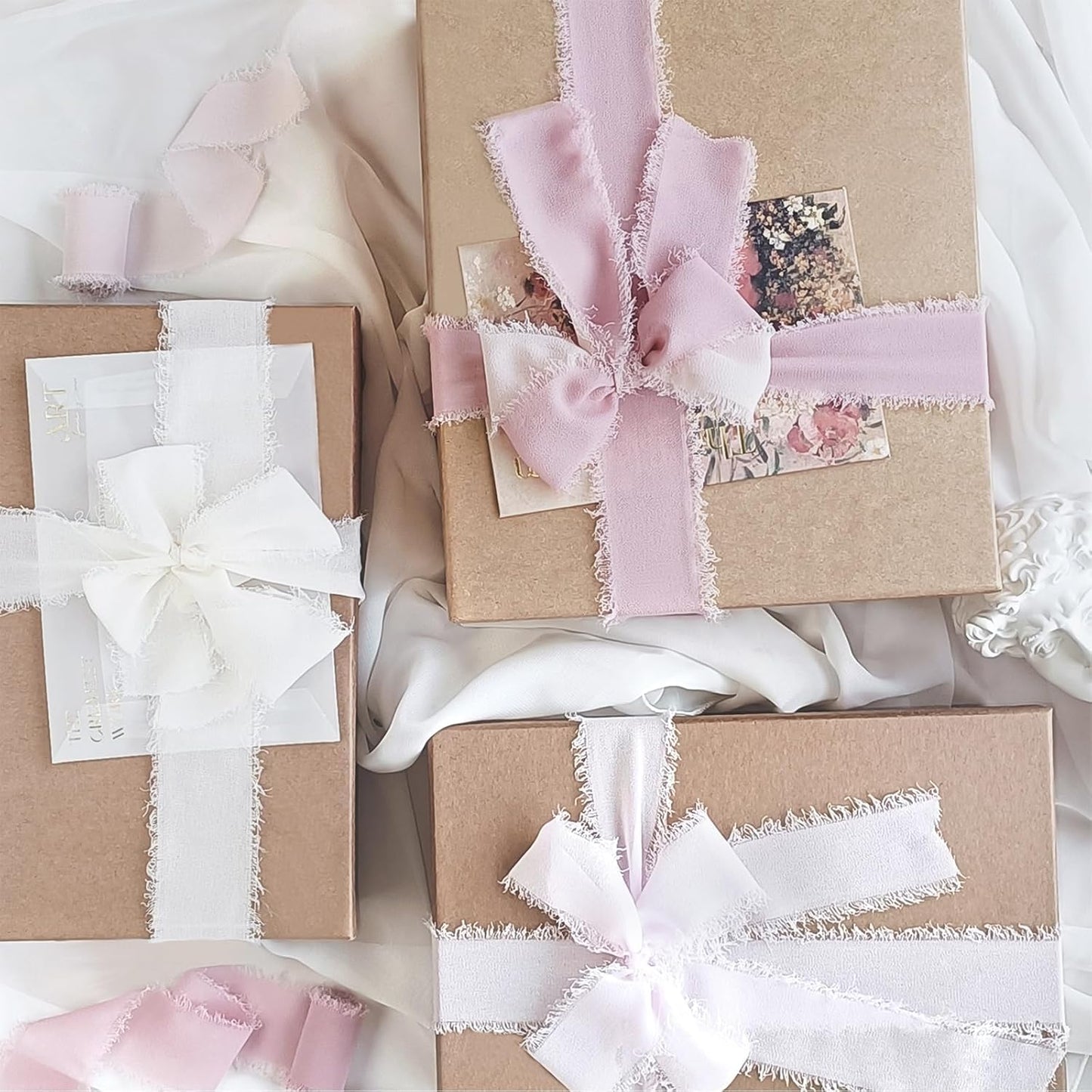 Pink Chiffon Ribbon 1.5" X 28Yd Pink & Cream Fringe Chiffon Wedding Silk Handmade Ribbon Set 7Yd X 4 Rolls for Bridal Bouquets Wedding Invitations DIY Decor Gift Wrapping & Bow Making