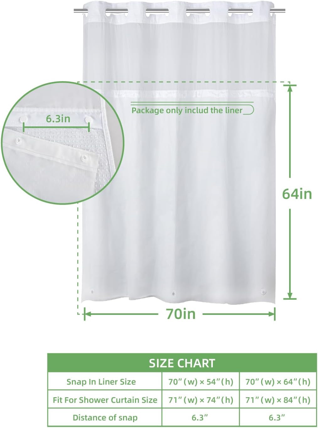 2 Pack PEVA Snap-In Shower Curtain Liner Replacement,Compatible with No Hook Shower Curtain with Snap in Liner, Removable & Water-Repellent,Machine Washable,70X64,Frost