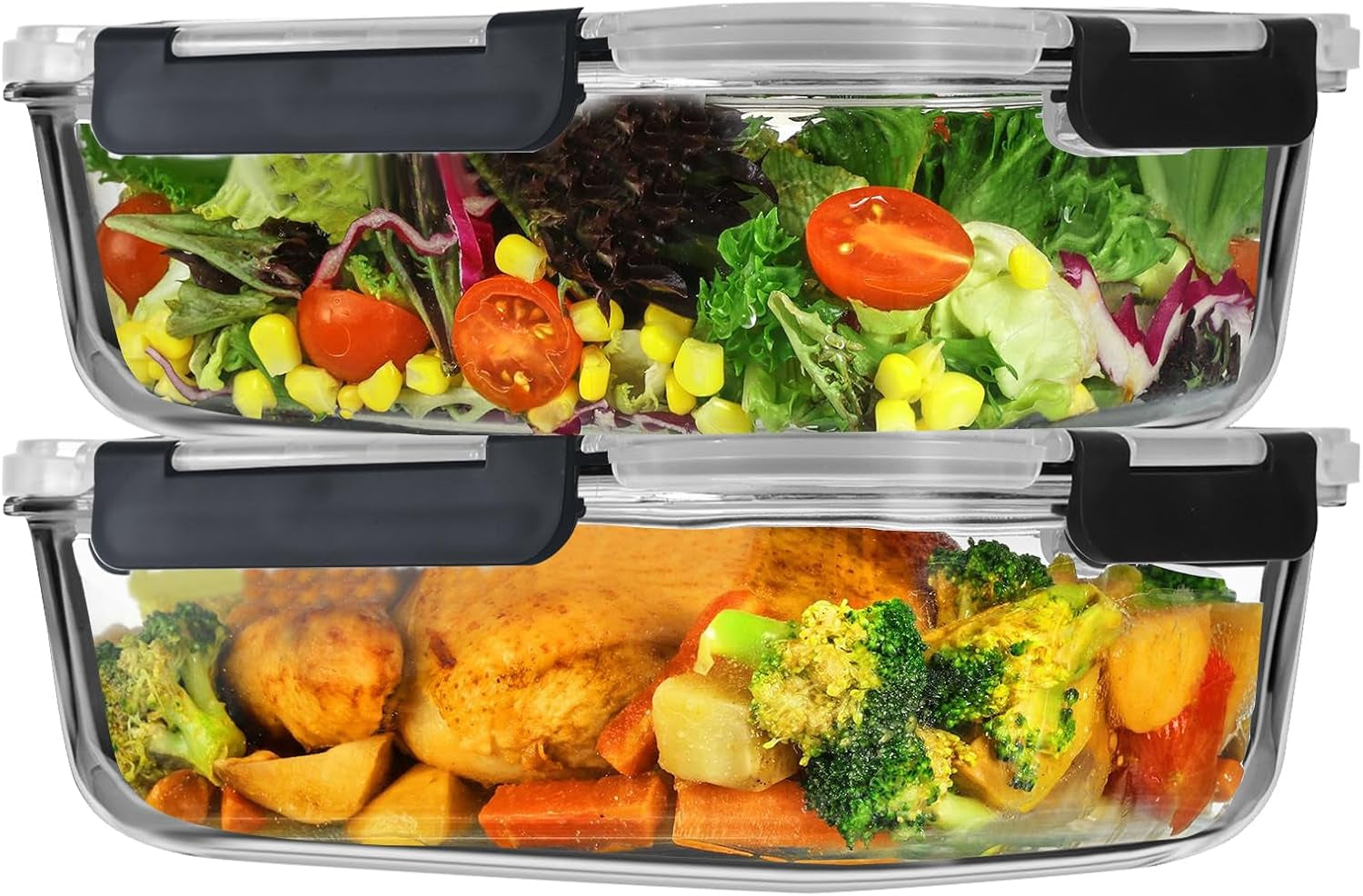 2Pcs 53Oz Large Glass Food Storage Containers Family Size Set Baking Containers with Locking Lids Storing Food-Ideal for Storing Food Vegetables or Fruits BPA Free & Leak Proof (Black)