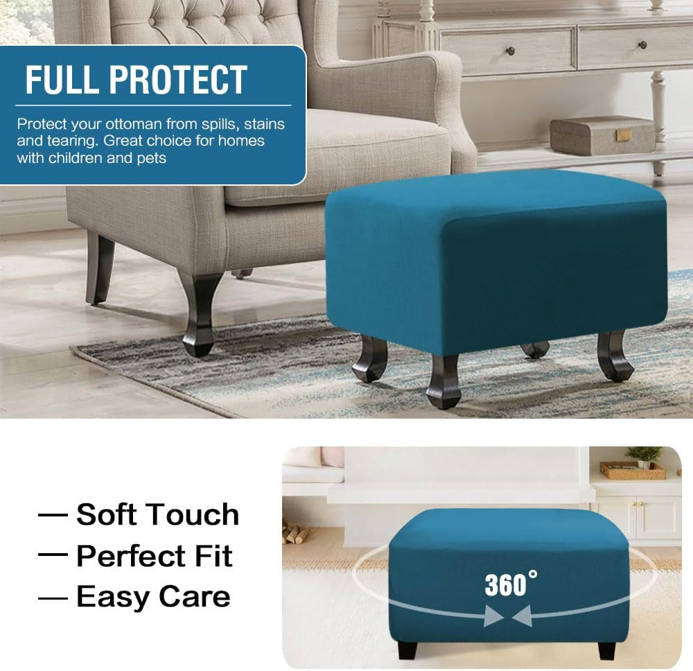 100% Waterproof Ottoman Cover Rectangle Stretch Velvet Ottoman Slipcovers for Living Room with Nonslip Elastic Bottom Furniture Protector Thick Soft Fleece Fabric (Large, Peacock Blue)
