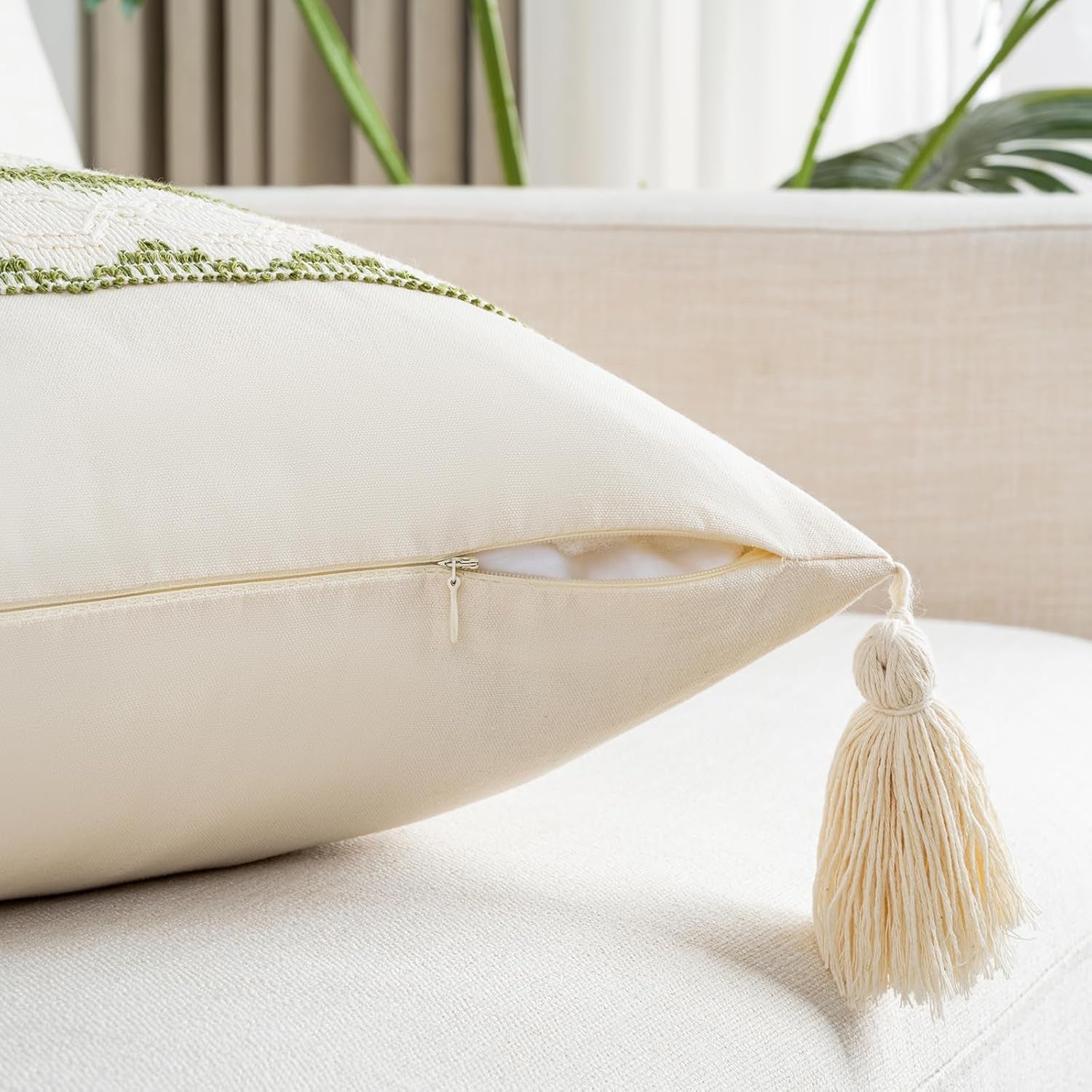 Set of 2 Boho Moss Green Lumbar Decorative Throw Pillow Cover 12X20 Inch for Couch Bed Sofa Chair, Modern Farmhouse Home Decor, Soft Cute Accent Rectangle Cushion Case with Tassels