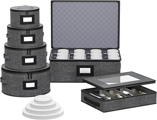 China Storage Containers - 6 Piece Set Hard Shell Box for Moving Dishes, Plate, Dinnerware, Mugs, Silverware, Saucers Quilted Organizer Dividers for Packing Fine, Grey