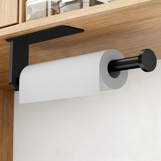 Black Paper Towel Holder under Cabinet, No Drilling under Counter Paper Towel Holder Wall Mount Towel Rack, Adhesive Toilet Paper Roll Holders for Kitchen Bathroom Fridge Pantry Garage RV Essentials