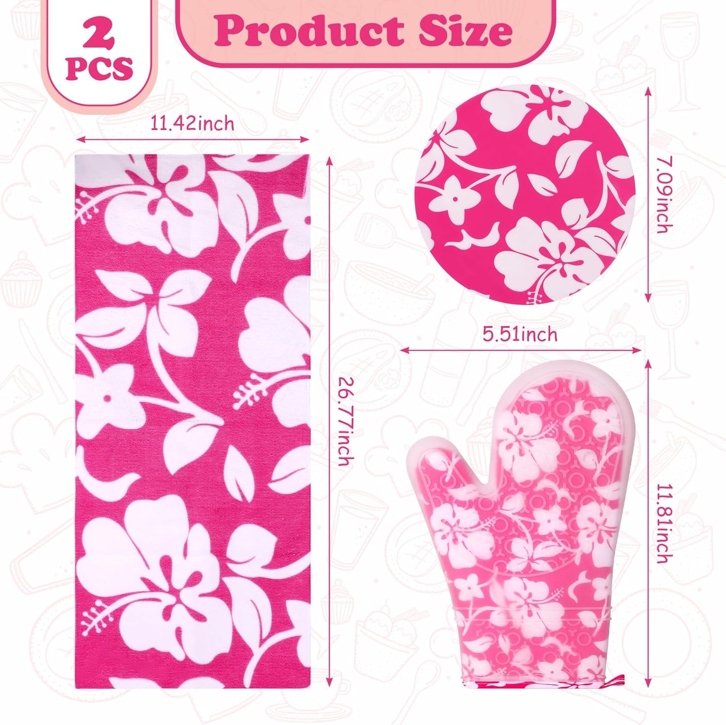6PCS Pink Oven Mitts and Pot Holders Towels Set,Heat Resistant with Non-Slip Silicone Surface Baking Gloves,Applies to Grilling and Cooking Cute Kitchen Accessories and House Decor