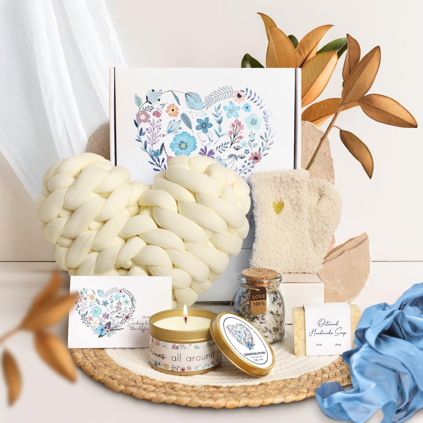 Sympathy Gift Baskets - Condolences Gift Basket for Loss of Loved One/Mom/Dad/Husband - Bereavement Grief Gifts - Sorry for Your Loss Grieving Care Package Gift Box for Women Men Friend (Ivory Pillow)