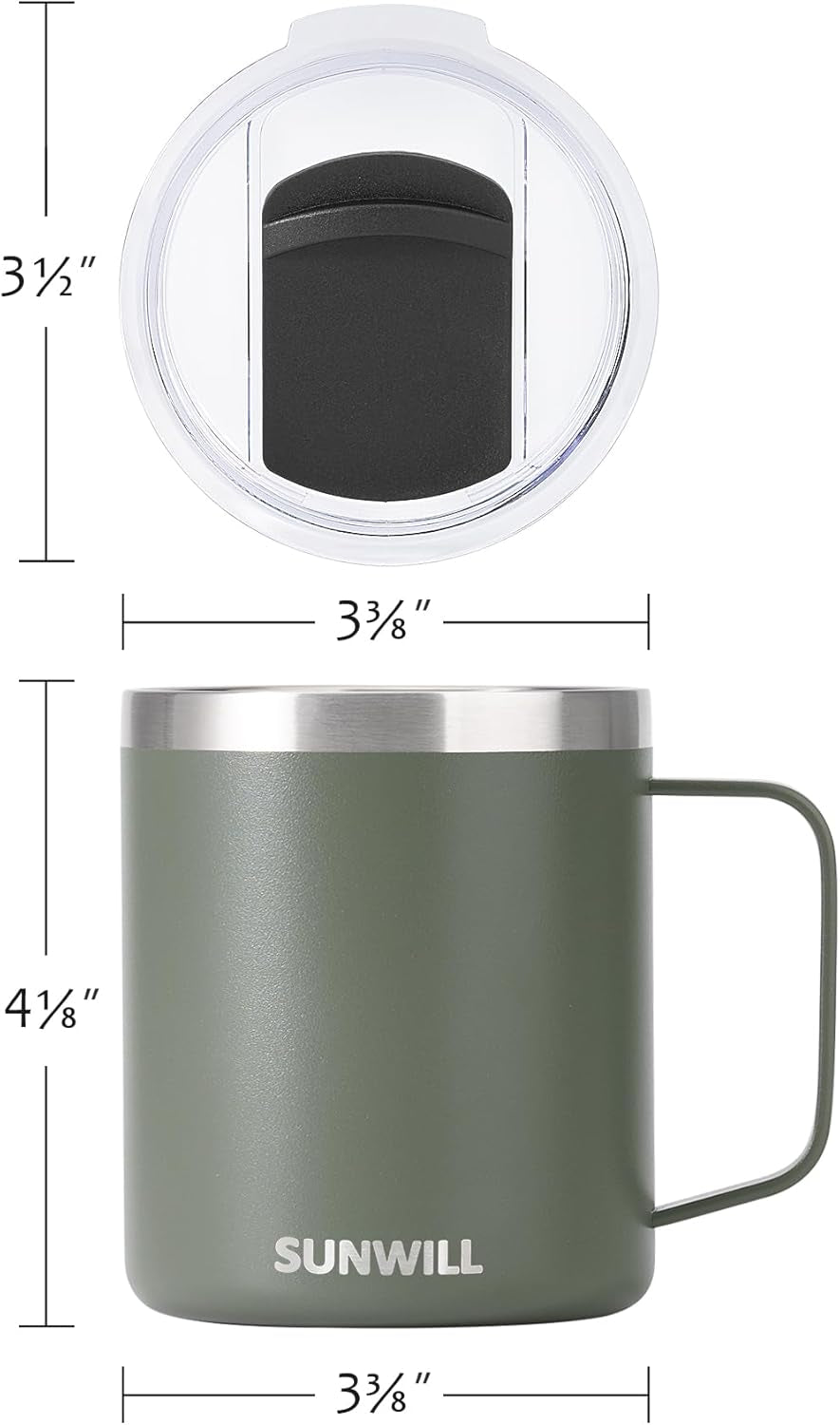 Travel Coffee Mug with Lid, Insulated Tumbler with Handle, 14 Oz Stainless Steel Cup for Home, Office, Camping, Powder Coated Camp Green
