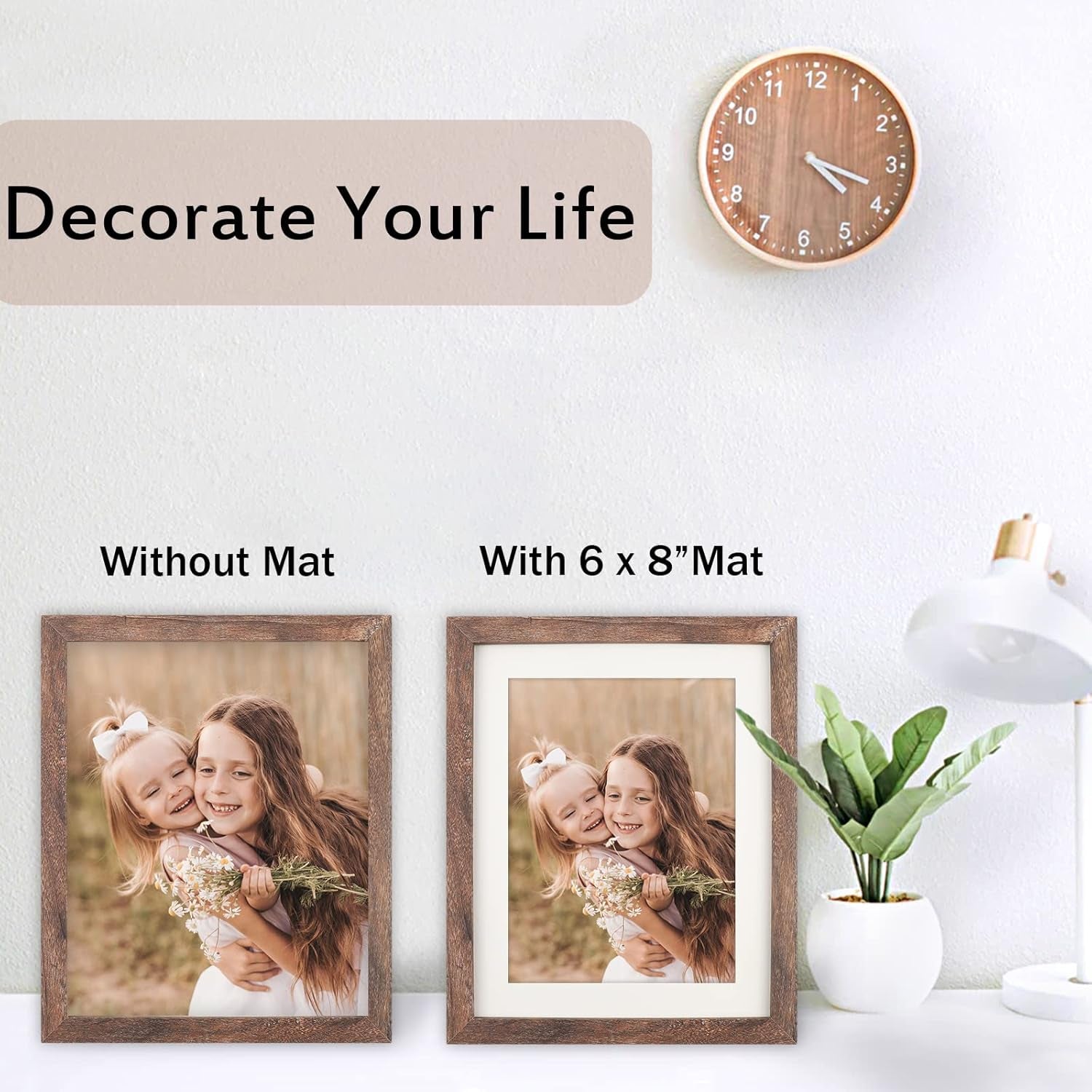 Brown Wood 8x10 Picture Frames with Mat for 6x8 Photos or Without Mat for 8x10 Photos, Distressed Finish, Set of 2 for Wall and Tabletop Display