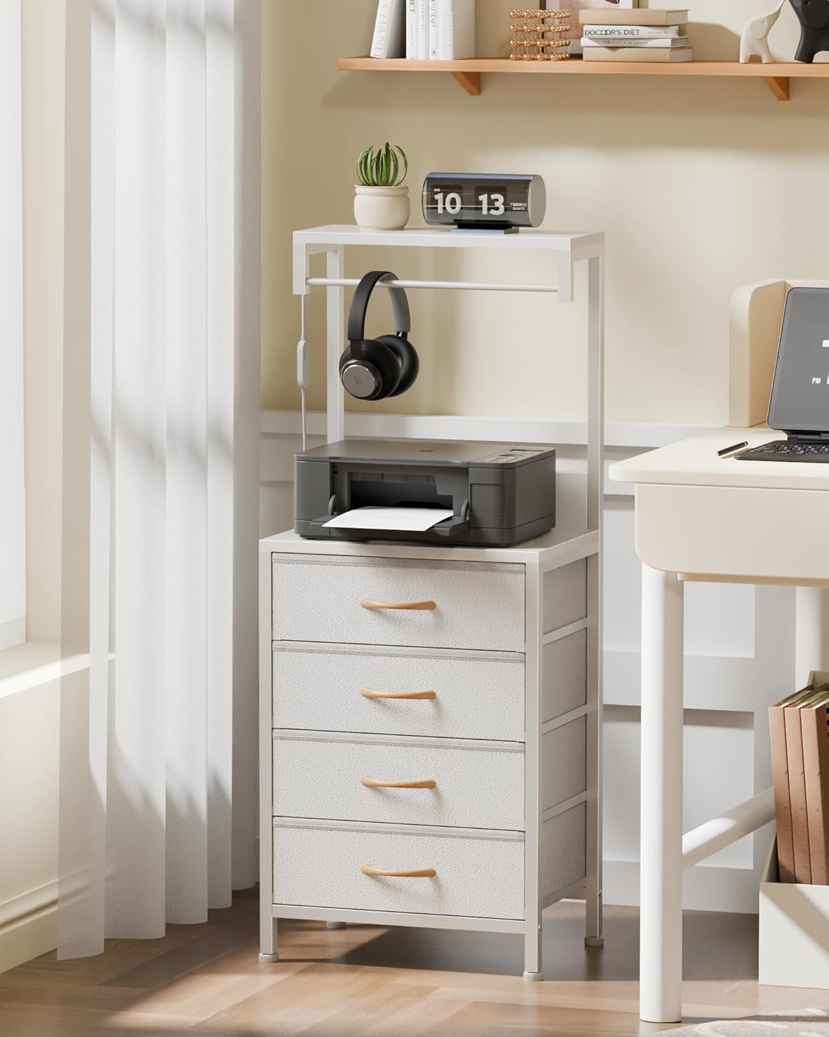White Tall Nightstand with Charging Station and LED Lighting, Multifunctional Bedside Table with 4 Fabric Drawers, Metal Frame and Wood Shelves for Bedroom, Office, and Hallway