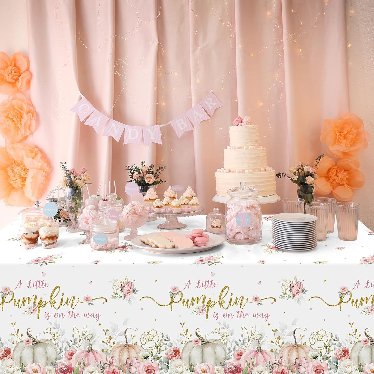 3Pcs 108X54Inch a Little Pumpkin Is on the Way Plastic Tablecloths, Floral Baby Girl Shower Tablecloth, Disposable Table Cover for Fall Baby Shower Gender Reveal Party Decorations
