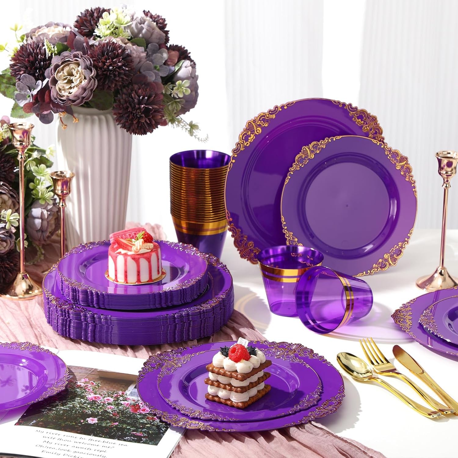 300-Piece Purple and Gold Plastic Dinnerware Set for 50 Guests - Includes Dinner Plates, Dessert Plates, Cutlery, and Cups for Weddings and Birthday Celebrations