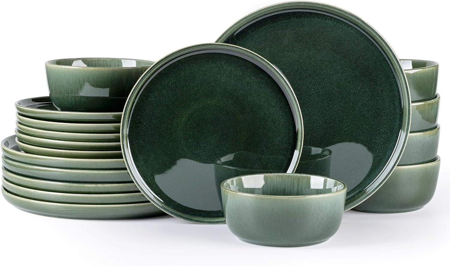 Ceramic Dinnerware Set for Six - 18-Piece Stoneware Plate and Bowl Collection with Reactive Glaze Finish, Scratch Resistant, Dishwasher and Microwave Safe, Earth Green