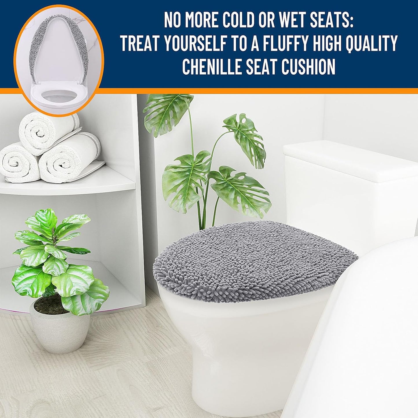 Soft Chenille Bathroom Toilet Lid Cover, Machine Washable Seat Covers, 17.5X15, Stays in Place Rubber Backing, Fits Most Round, Elongated and Oblong Lids, Accessories Decor, Gray