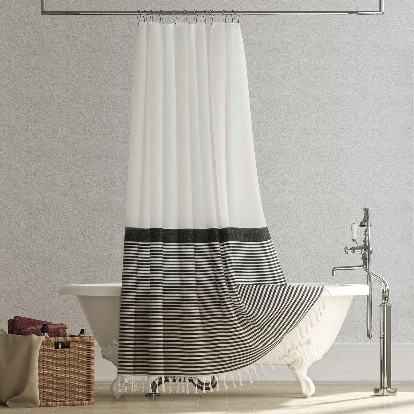 Modern Farmhouse Fabric Shower Curtain Boho Black and White Striped Cloth Bathroom Shower Curtain with Tassels, Hotel Luxury Decorative Shower Curtain Set with 12 Hooks - 72X72