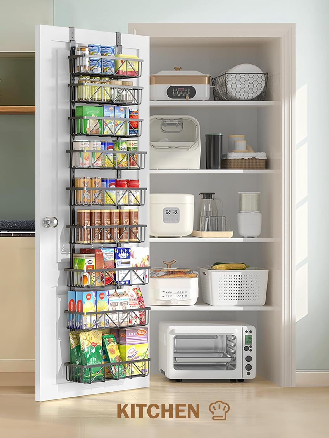 Adjustable over the Door Pantry Organizer, 9-Tier Metal Pantry Organization and Storage for Kitchen, Hanging Spice Rack Seasoning Shelves, Cabinet Door Organizer for Easy Install, 16" Black