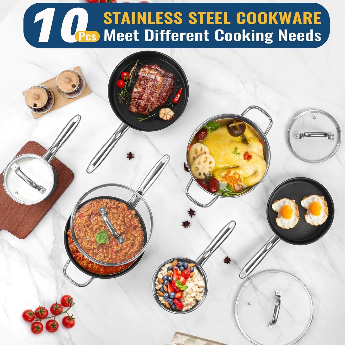 10 Pcs Pots and Pans Sets, Stainless Steel Cookware Set of 6 for Kitchen, Induction Cooking Pot & Saucepans with Glass Lids, Nonstick Frying Pans & Saute Pan