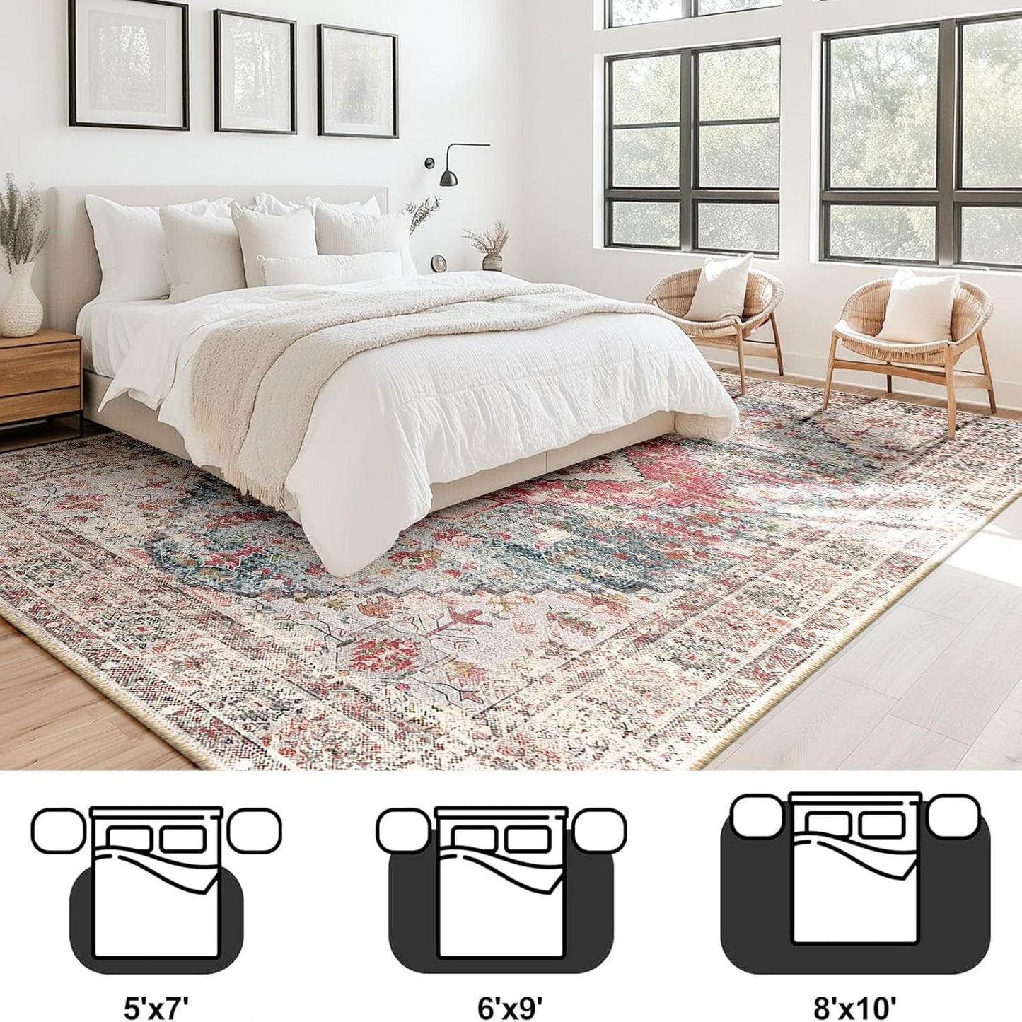 5X7 Area Rug for Living Room Washable Rugs No Pile Carpet for Entryway Bedroom Dinning Room Playroom Vintage Boho Carpet Print Distressed Non-Slip, 5 X 7 Ft, Pink