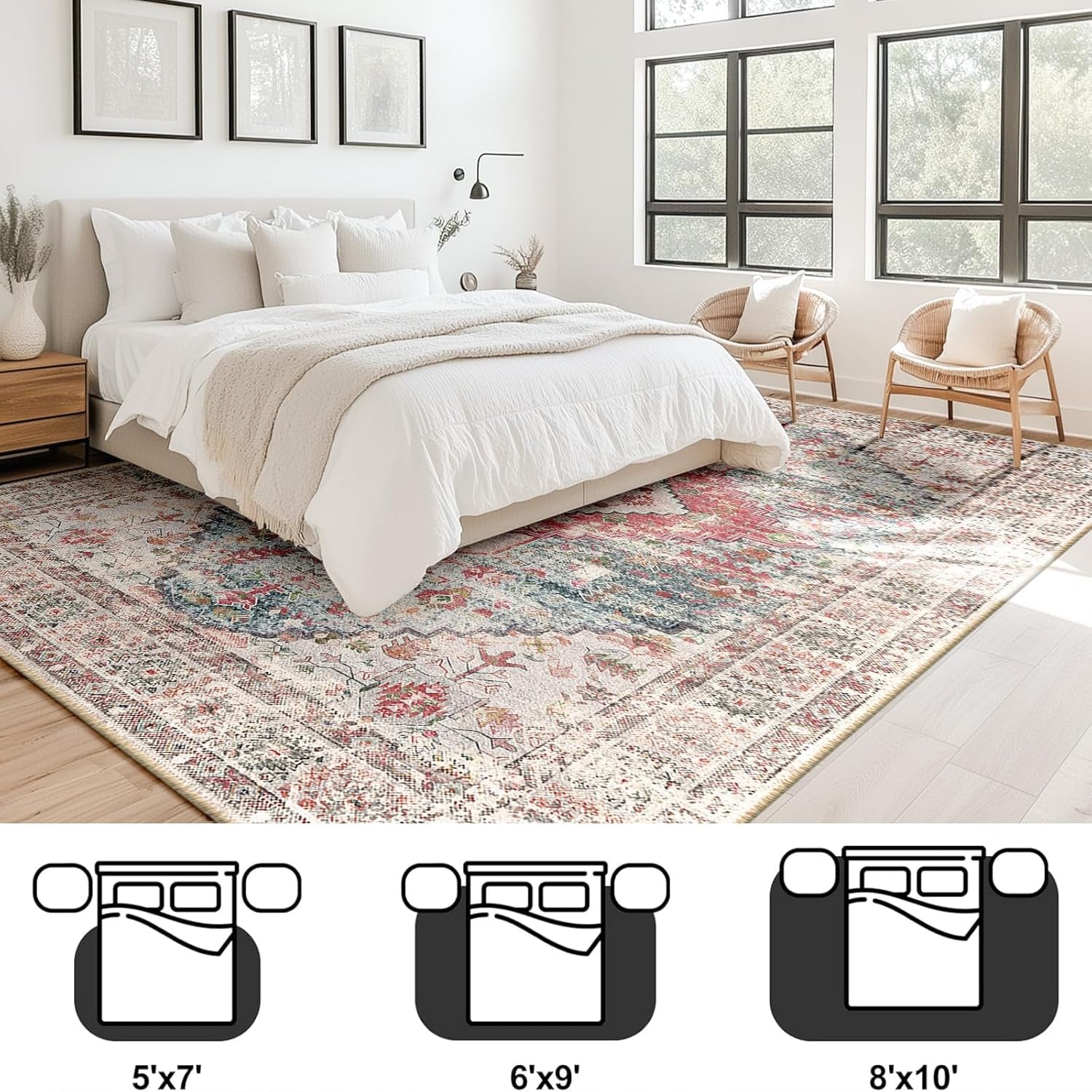 5X7 Area Rug for Living Room Washable Rugs No Pile Carpet for Entryway Bedroom Dinning Room Playroom Vintage Boho Carpet Print Distressed Non-Slip, 5 X 7 Ft, Pink