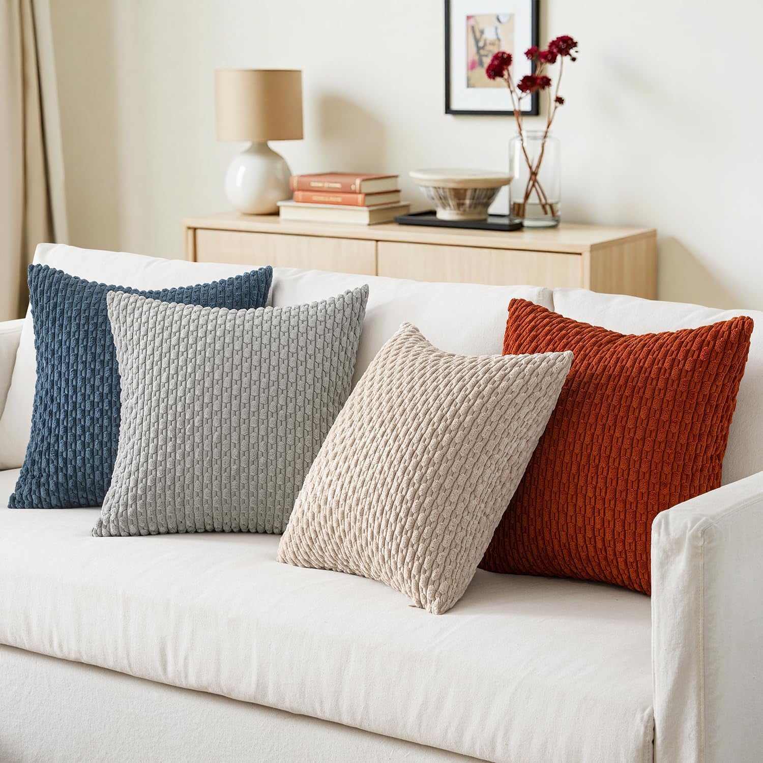 Fall Throw Pillow Covers Soft Couch Decorative Set of 4 Boho Striped Cushion Covers Corduroy Pillowcases Farmhouse Accent Home Decor for Couch Bed Sofa Living Room 18X18 Inch Blue and Orange