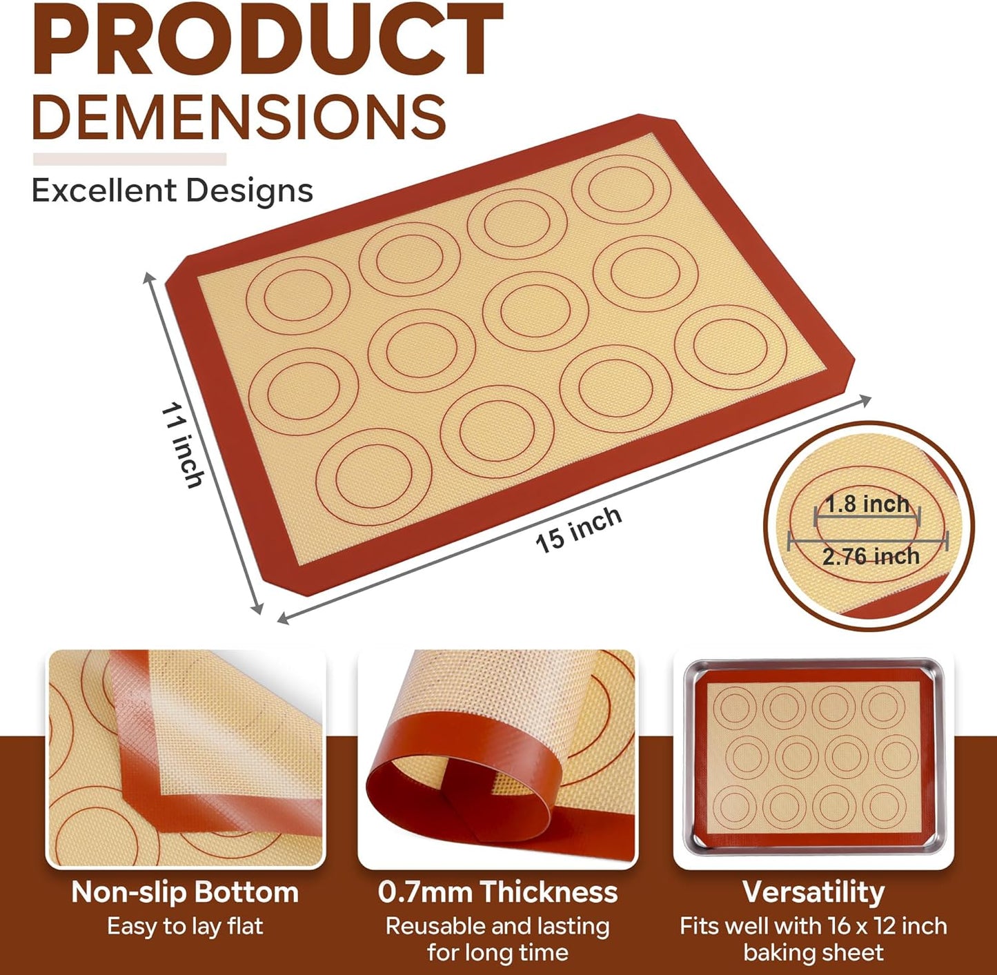 15 Inch Silicone Baking Mats, 2 Pcs Reusable Silicone Oven Mat, Non Stick Baking Supplies for Macaroon Pastry Bread Dough Cookie, Fits Well with Sheet Pan, Healthy & Easy Clean