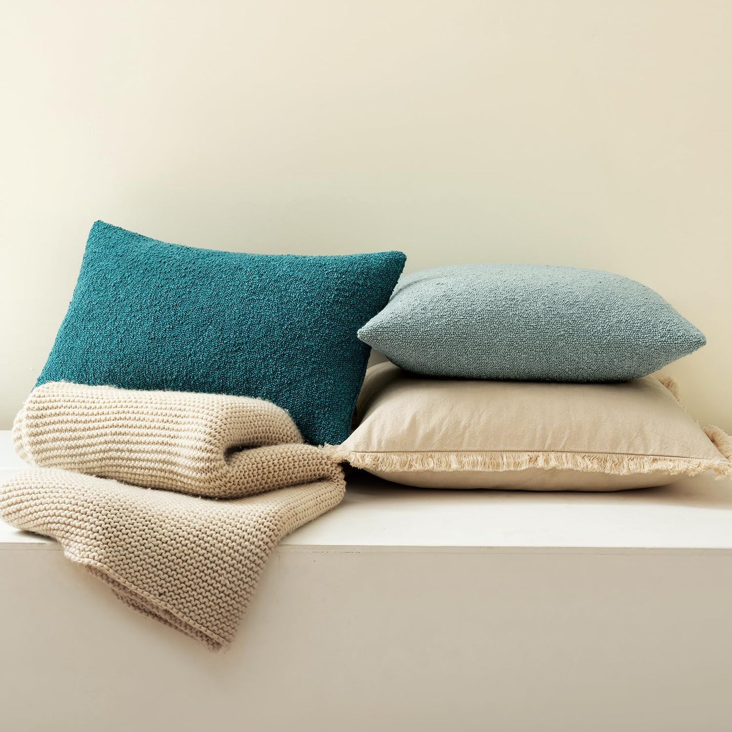 Textured Boucle Lumbar Throw Pillow Cover in Teal - Decorative Soft Cushion Case for Couch, Chair, and Bedroom - 12x20 Inch, Single Pack