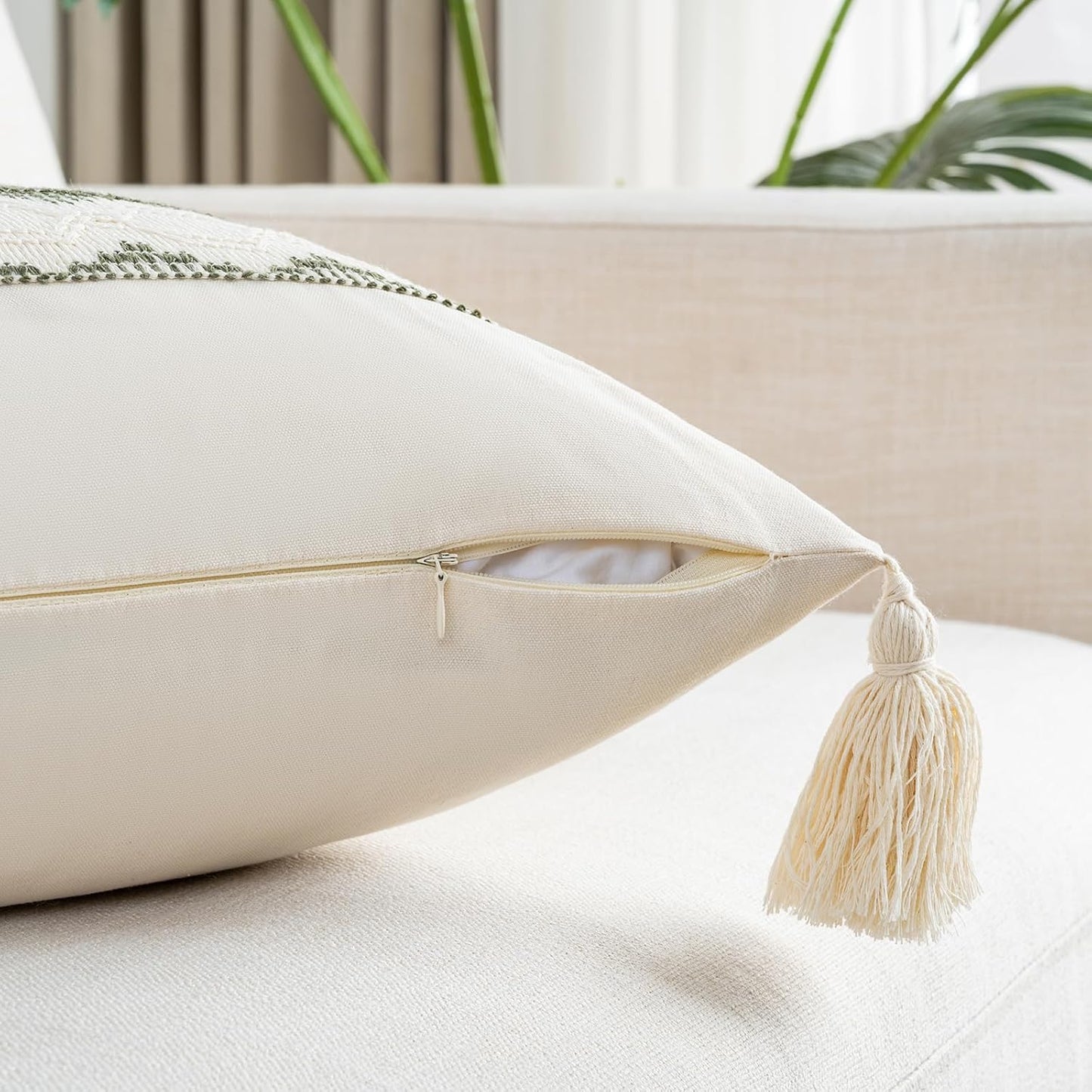 Set of 2 Boho Olive Green Lumbar Decorative Throw Pillow Cover 12X20 Inch for Couch Bed Sofa Chair, Modern Organic Farmhouse Home Decor, Soft Cute Accent Rectangle Cushion Case with Tassels