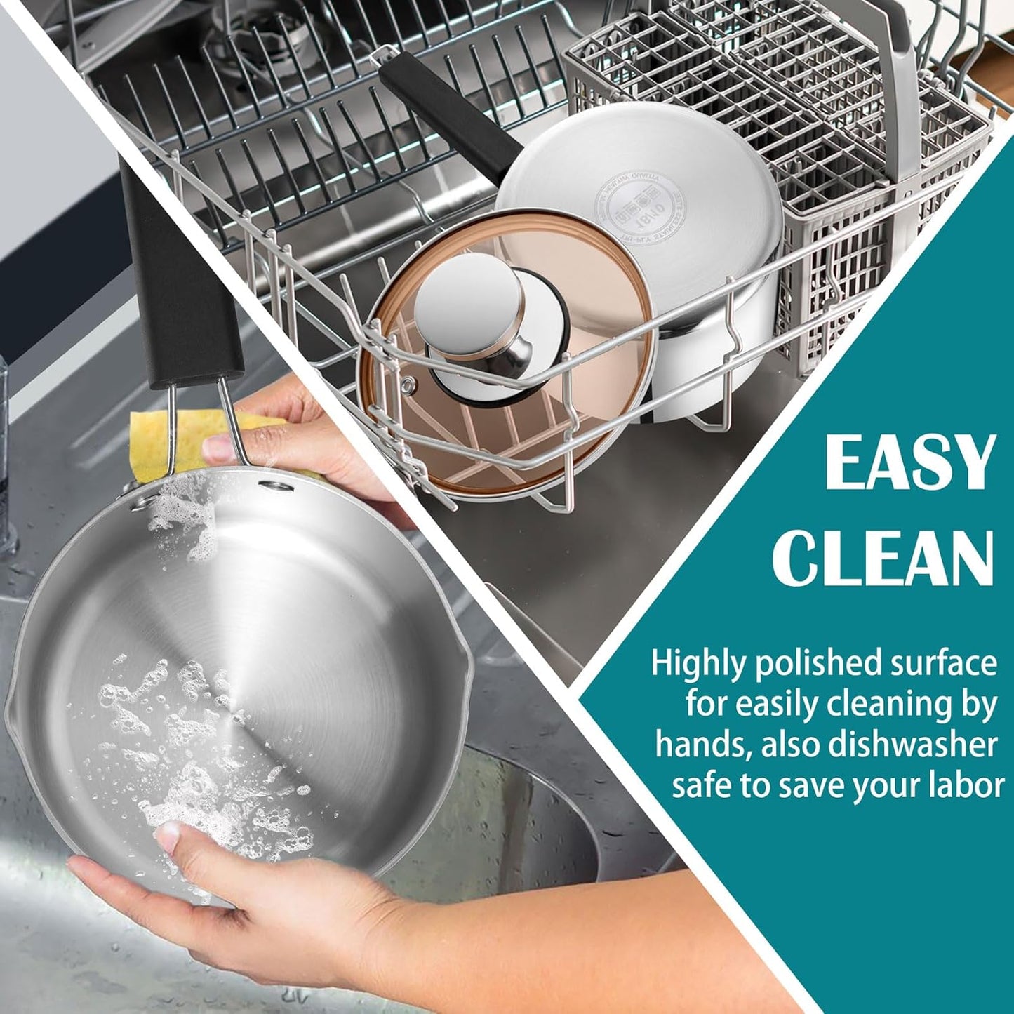 3 Quarts Sauce Pan and Pot with Lid, Tri-Ply Stainless Steel Saucepan Cookware for Induction & Multi Stoves, Heat-Proof Handle & Visible Glass Lid, Dishwasher Safe