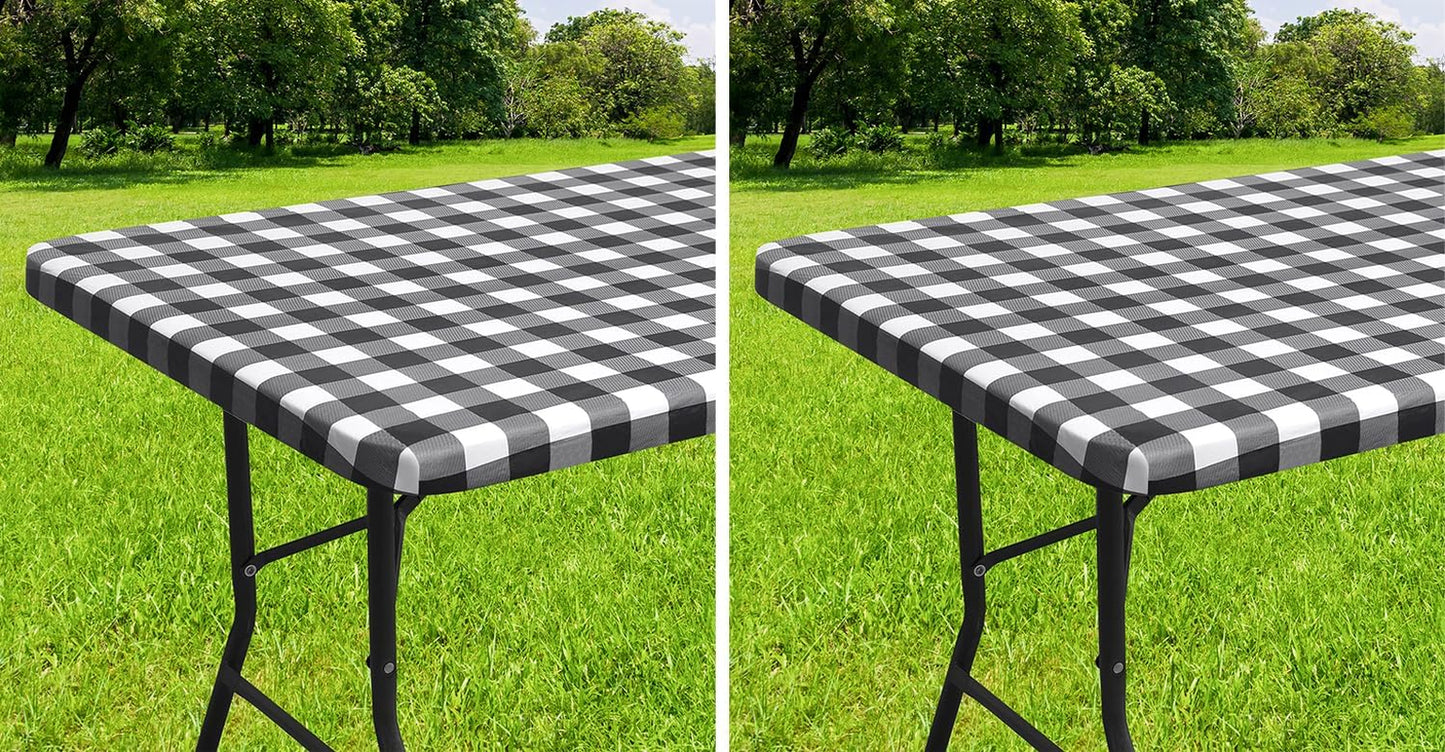 Waterproof Fitted Vinyl Tablecloth, Buffalo Plaid 6FT Table Cover and 4FT in Black and White, 2 Item Bundle