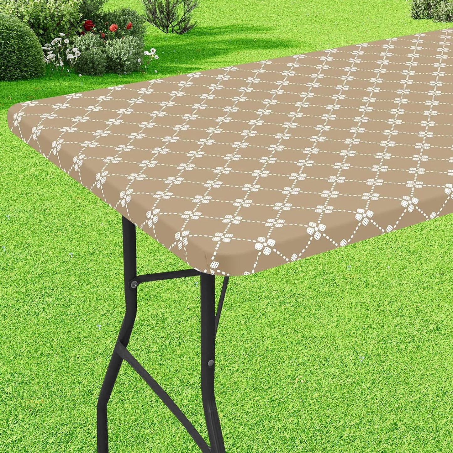 Rectangle Vinyl Table Cloth, Elastic Fitted Tablecloth with Flannel Backing, Waterproof Plastic Table Cover Fits 6 Foot Folding Tables for Camping, Indoor and Outdoor (Khaki, 30" X 72")