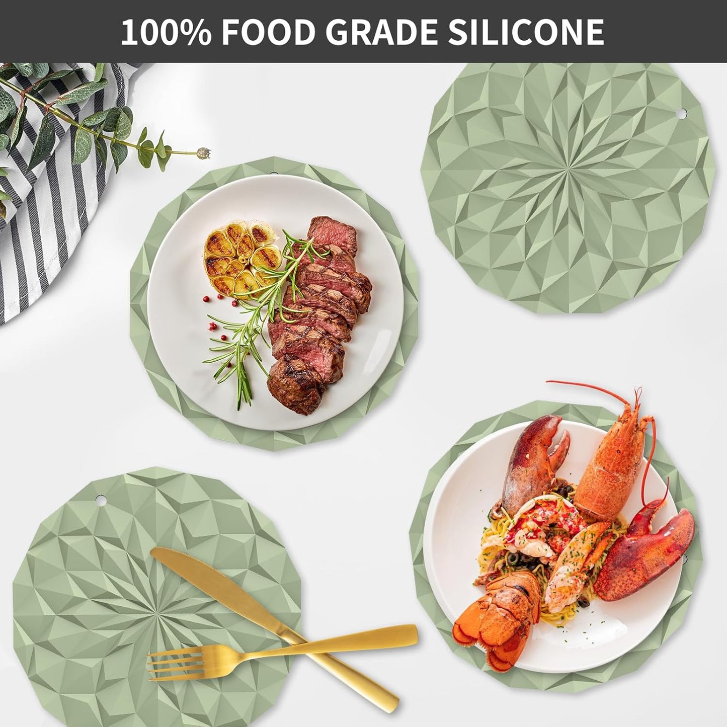 Silicone Trivet Mats - 4 Pack Pot Holders - 7.4'' Thickened Hot Pads for Hot Pots, Pans and Dishes, Heat Resistant Silicone Trivet for Table and Counter Top Desert Sage