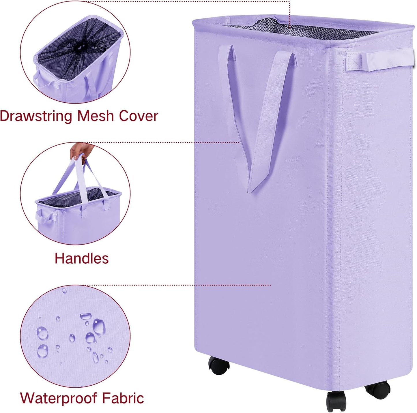 Slim Laundry Hamper with Wheels, Rolling Laundry Basket for Clothes, Small Laundry Basket for Bedroom, Dorm and Laundry Room, 60L (12.7 Gallons) Purple