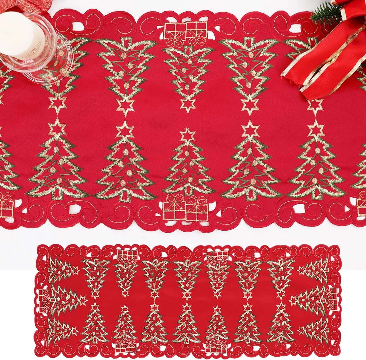 Red Christmas Table Runner 13X36 Inches Long, Embroidered Cutwork Christmas Table Runner with Green Christmas Tree and Gifts, Xmas Tree Dresser Scarf Winter Holiday Parties Kitchen Dinner
