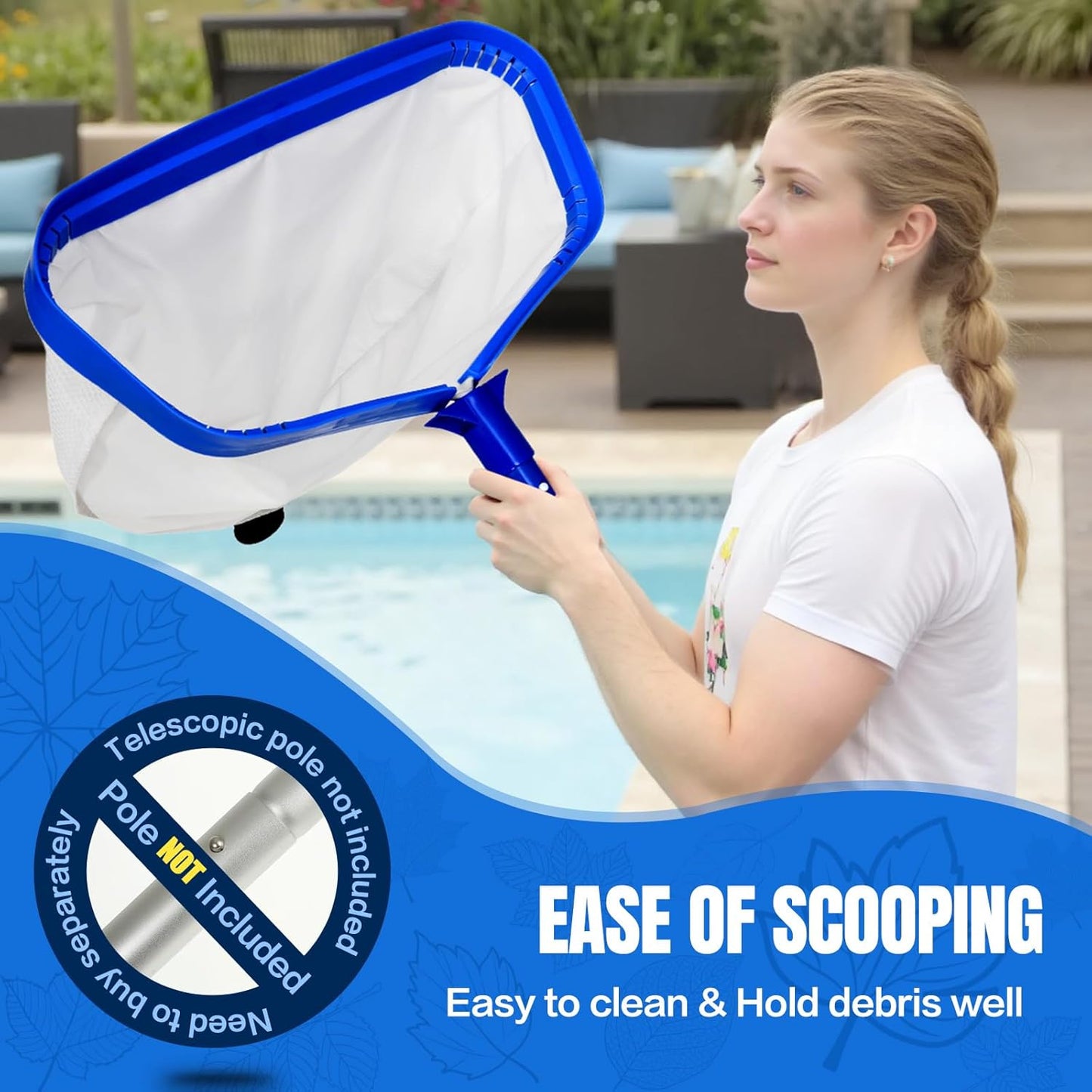 Pool Skimmer Net,Fine Mesh Pool Nets for Cleaning with Double-Layer Deep Bag,Aluminum Frame Wrapped Mesh Header for Cleaning Leaf, Debris(No Pole)