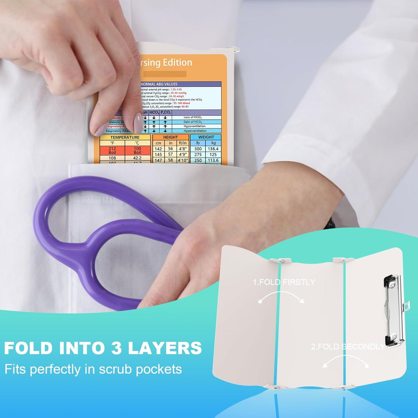 Clipboards Nursing Clipboard Trifold Foldable, 3 Layers Aluminum Nurse Clipboards with Nursing Edition Cheat Sheets Folding Pocket Size for Students, Nurses and Doctors (Light G)
