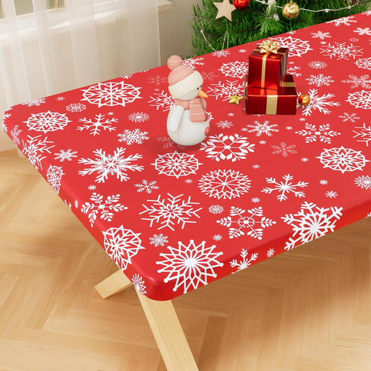 Rectangle Vinyl Tablecloth, Fitted Table Cover, 100% Waterproof, Elastic Edge, Flannel Backing, Plastic Table Cloth Fit 6 Foot Folding Tables for Picnic, Outdoor (Red Snowflake, 30X72 Inch)