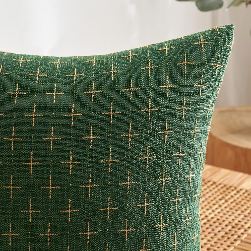 Pack of 2 Christmas Decorative Burlap Linen Throw Pillow Covers Modern Farmhouse Pillowcase Rustic Woven Textured Cushion Cover for Sofa Couch Bed 18X18 Inch Christmas Green