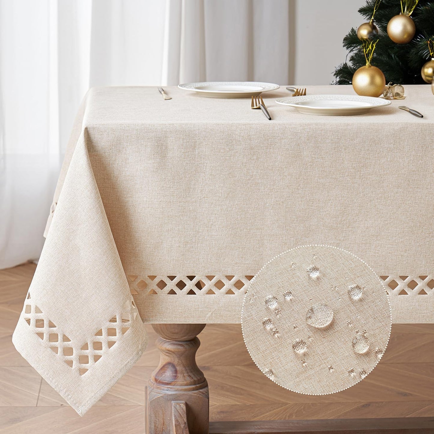 Natural Thick Polyester Rectangle Tablecloth with Decorative Cutouts Waterproof Stain Resistant Table Cloth Farmhouse Table Cover for Thanksgiving Dining Party Camping, 52 X 70 Inch