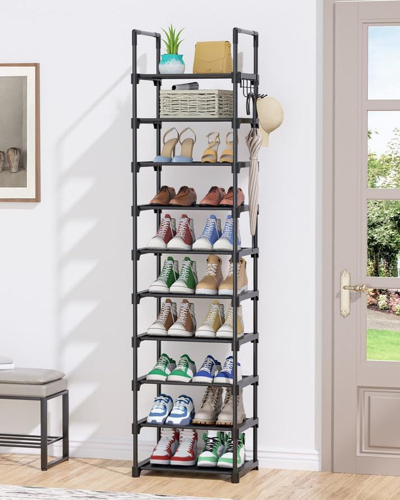 Shoe Rack - 10-Tier Shoe Organizer with Detachable Fabric Shelves & Metal Frame, Tall Shoe Rack for Closet, Entrance, Living Room, 16.9" X 11.8" X 68.5", Black
