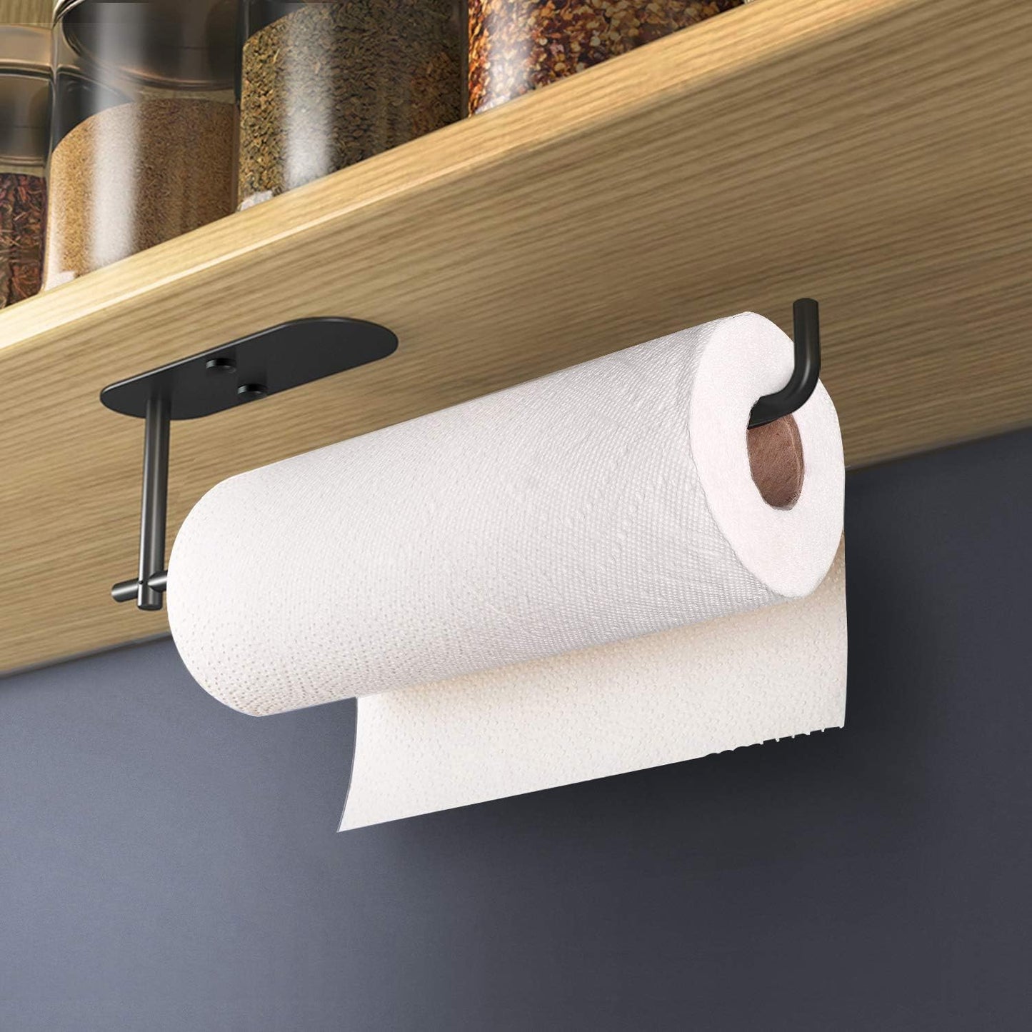 Self Adhesive Paper Towel Holder under Cabinet Mount, Wall Mounted Paper Towel Roll Holder for Kitchen, Bathroom, Wall - SUS304 Stainless Steel (Black)