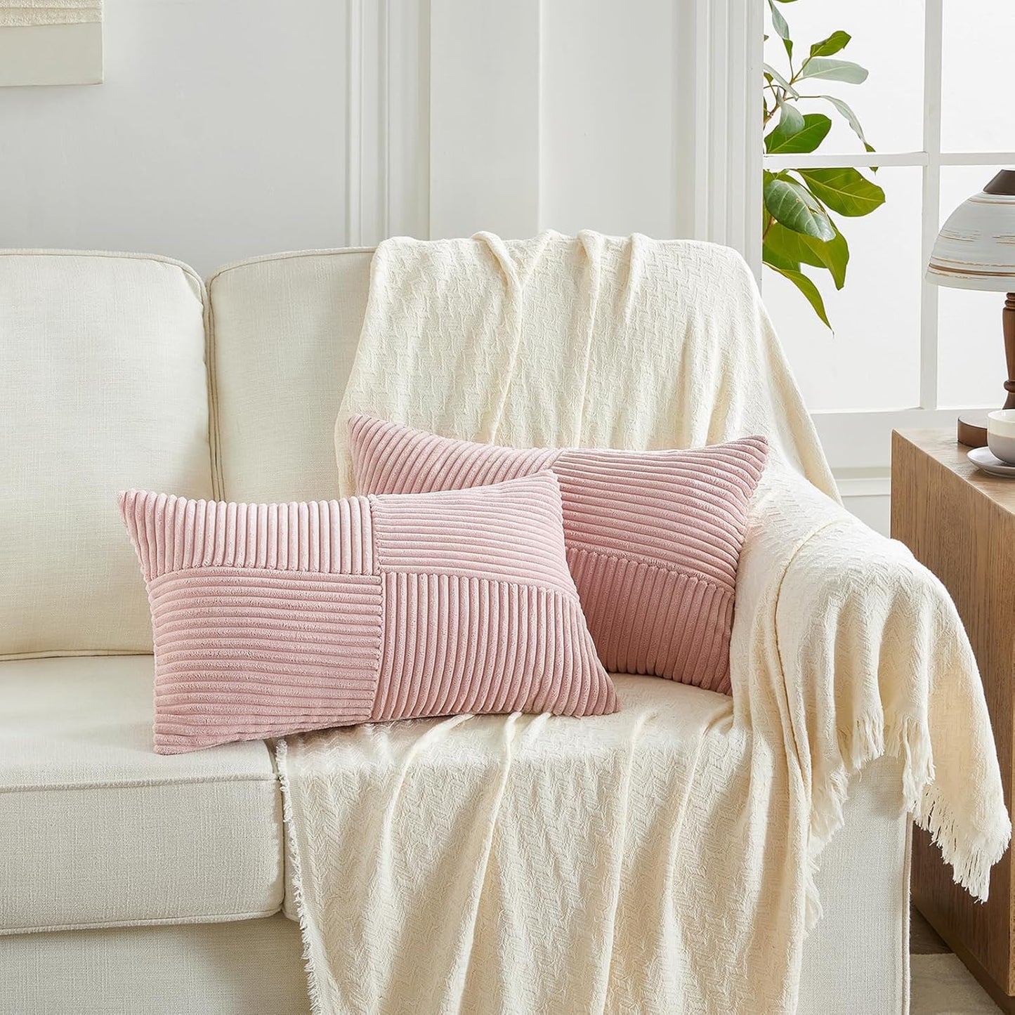 Set of 2 Blush Pink Boho Lumbar Rectangle Decorative Throw Pillow Covers 12X20 Inch with Diagonally Pattern for Couch Bed Sofa, Soft Corduroy Accent Modern Farmhouse Home Decor 30X50 Cm