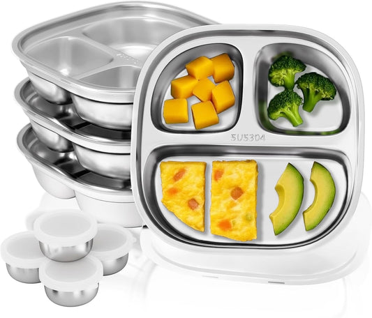 Stainless Steel Kids Plates, Divided Toddler Plate with Lids, 4 Pack 3 Sections Metal Snack Plate Tray, Non Toxic & BPA Free