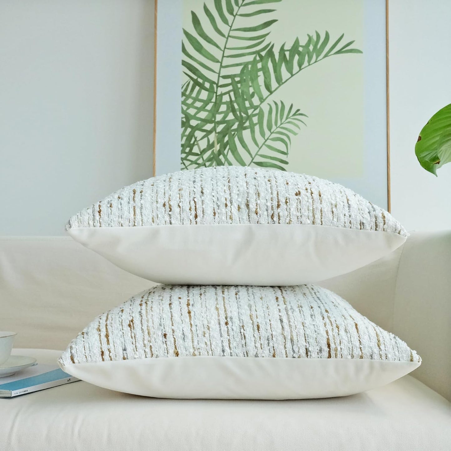Pack of 2 Textured Boucle Decorative Throw Pillow Covers Farmhouse Boho Home Decor Striped Corduroy Square Chenille Pillowcases 18 X 18 Inch White
