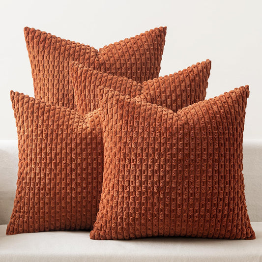 Fall Throw Pillow Covers Soft Couch Decorative Set of 4 Boho Striped Cushion Covers Corduroy Pillowcases Farmhouse Home Decor for Couch Bed Sofa Living Room 18X18 Inch Burnt Orange