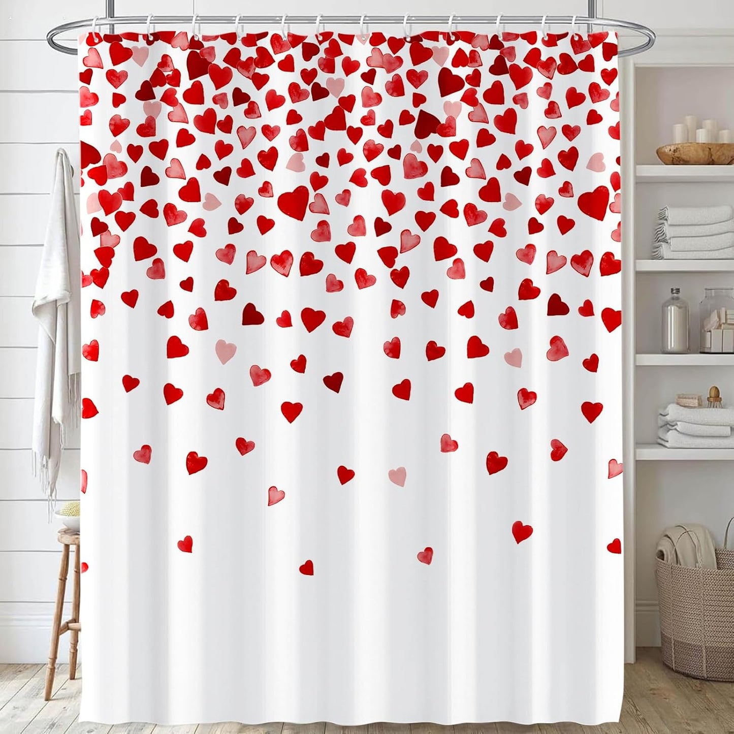 71 X 71 Inches Valentines Day Shower Curtain Top with Pink and Red Love Heart Romantic Bathroom Curtain Waterproof Polyester Curtain Hooks Set for Valentine'S Day Bathroom Decorations