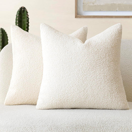 Pack of 2, Curly Faux Fur Decorative Throw Pillow Covers Soft Neutral Plush Cushion Case with Zipper Cozy Pillowcase for Home Living Room Couch Bed Sofa 16 X 16 Inch, Cream White