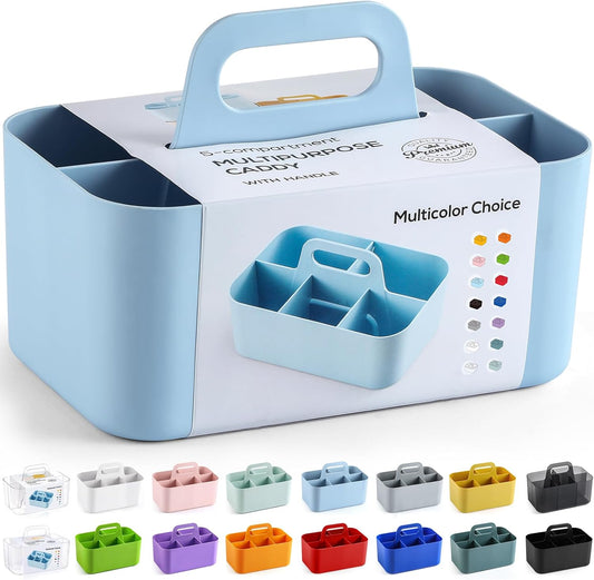Multiuse Caddy Organizer with Handle - Stackable Plastic Tote Bin - Art Craft Supplies, Office, Desk, Stationery Pen Holder, Kitchen, Utensil, Makeup, Bathroom, Shower, Cleaning, Dorm Organizer - Blue