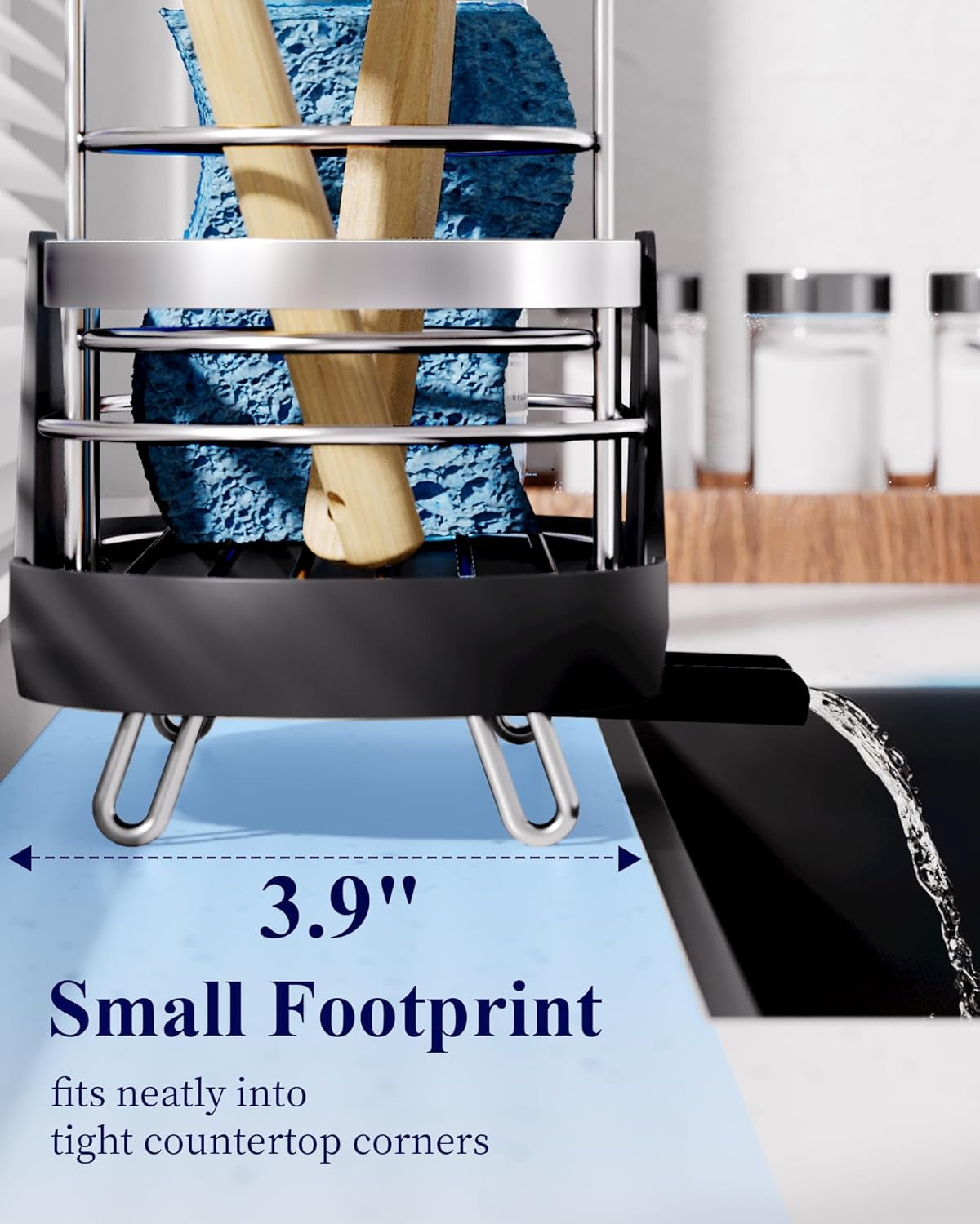 Sponge Holder for Kitchen Sink - Space-Saving Kitchen Sink Caddy, Rustproof Metal Organizer with Removable Brush Holder, 7.9"×3.9"×5.3", Black