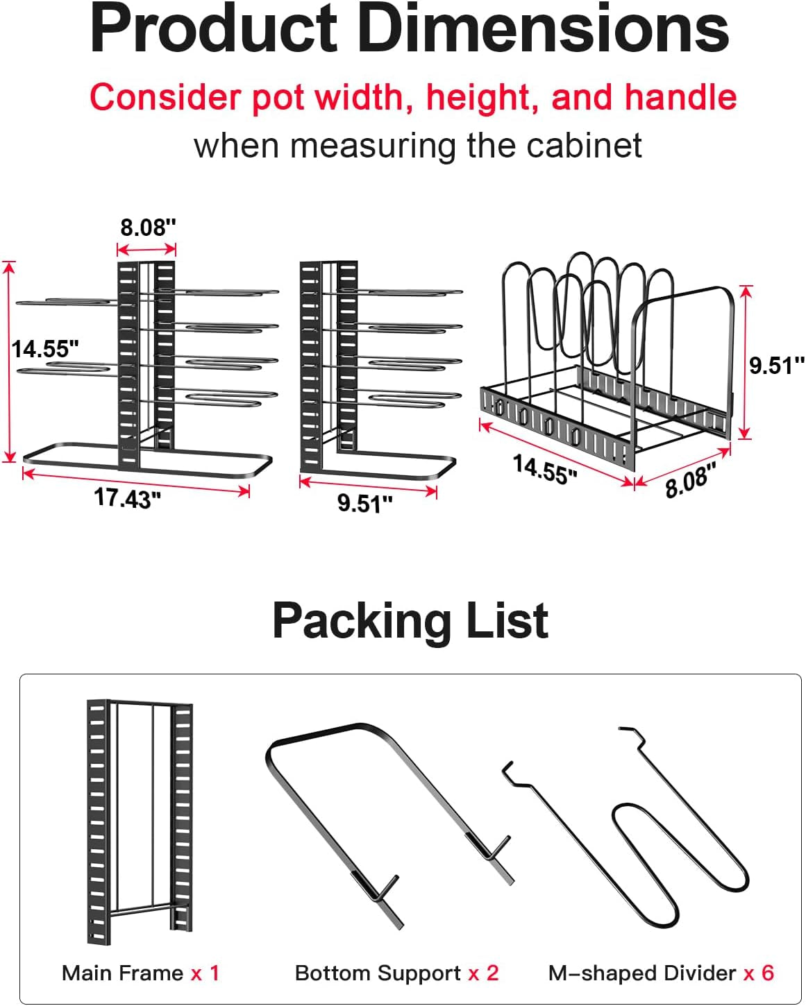 Pots and Pans Organizer Rack under Cabinet 14.55In Height, 8-Tier Kitchen Cabinet Organizers and Storage, Light-Duty Adjustable Pot Racks, Pan Organizers inside Cabinet with 3 DIY Methods