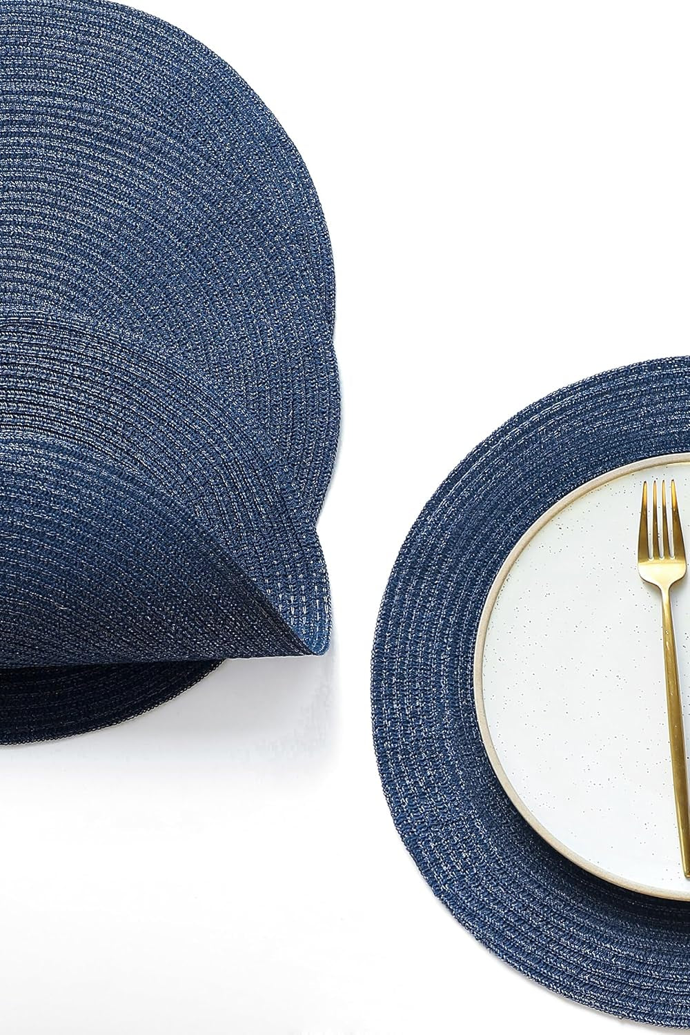 15-Inch Round Braided Placemats Set of 4, Washable Heat-Resistant Cotton-Polyester Circle Place Mats for Kitchen Dining Table - Navy Blue