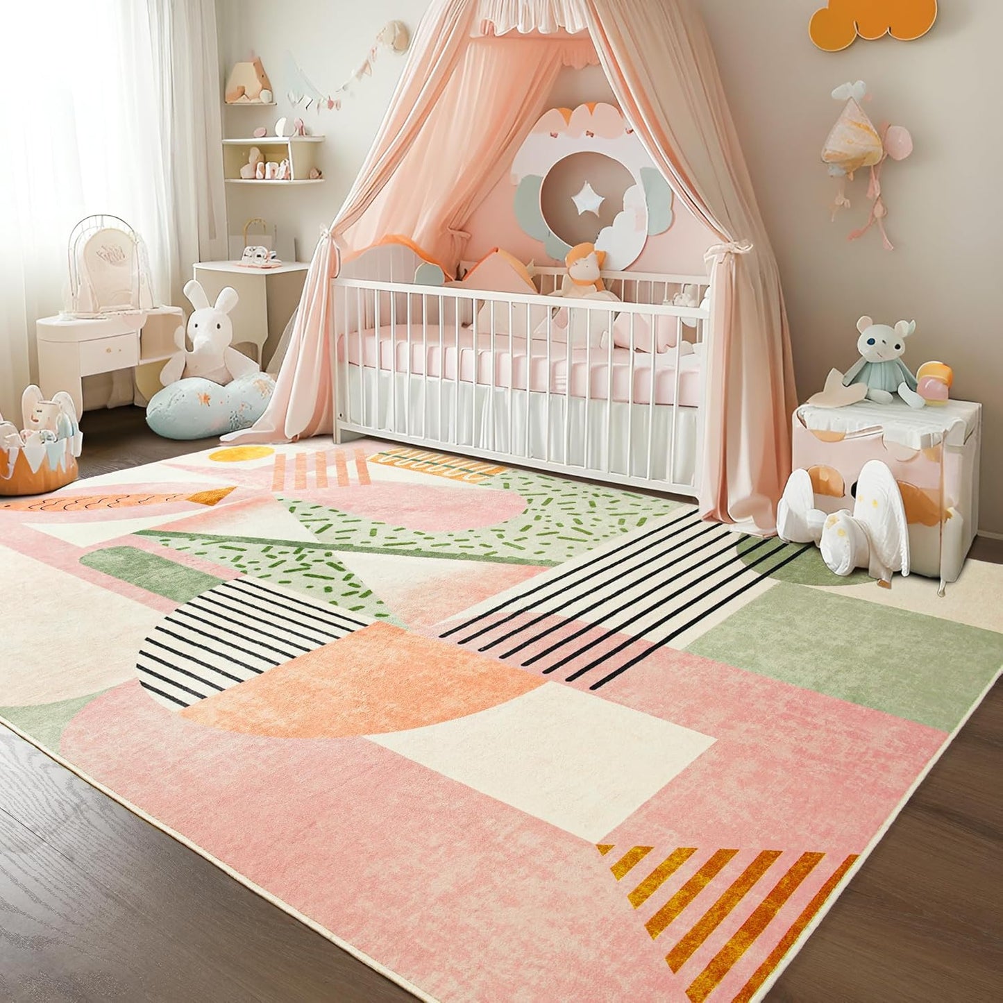 Pink Area Rug for Living Room, 5X7 Indoor Carpet for Bedroom Washable, Non-Slip Abstract Print Kids Rug for Nursery Playroom Classroom Dorm Office Dining Room
